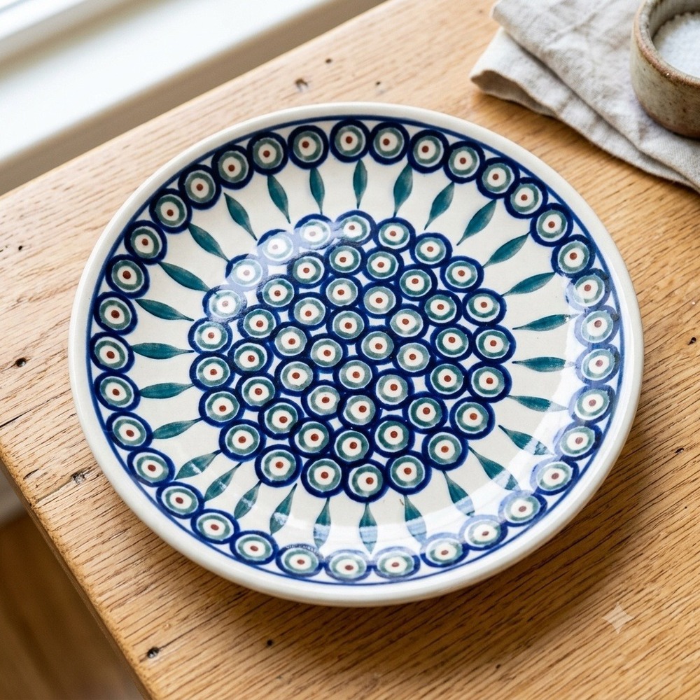 Vintage Boleslawiec Polish Pottery Peacock Eye Dessert Plate 7.5 Inch Handmade